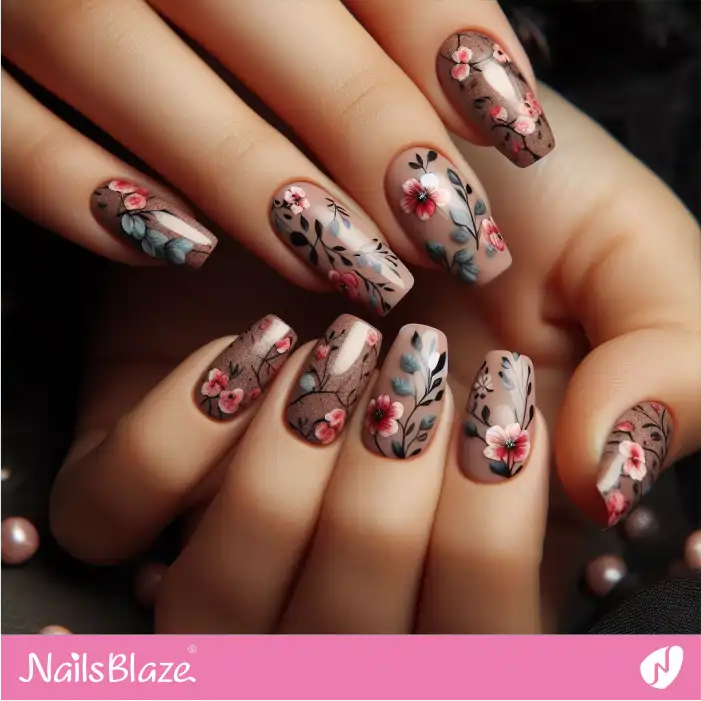 Flower Design on Brown Nails | Valentine Nails - NB2428